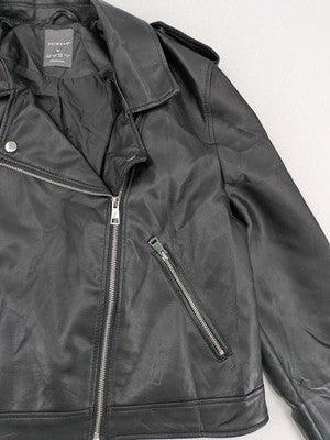 Primark black biker jacket faux leather asymmetrical zipper and shoulder epaulettes.