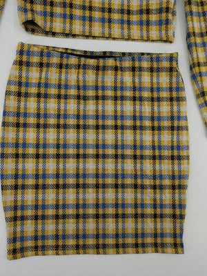 FB Sister co-ords multi-coloured checkered pattern crop top and mini skirt set.
