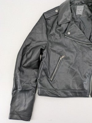 Primark black biker jacket faux leather asymmetrical zipper and shoulder epaulettes.