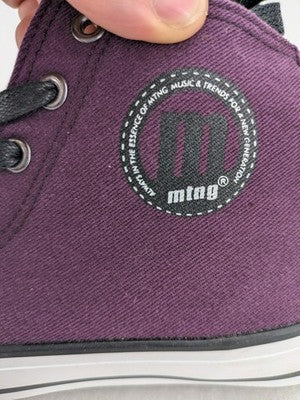 Mtng high top sneakers purple canvas with black laces and patterned white lining.