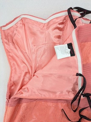 Laona pink bodycon cocktail dress with strapless design and floral lace details.