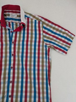 Sovrano short sleeve shirt multi check pattern with contrasting red and white double collar