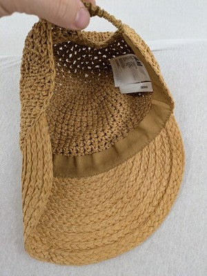 H&M beige cap woven straw look with elastic back and classic baseball design.