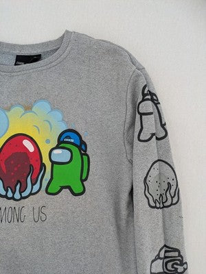 Among Us grey sweatshirt featuring colorful graphic of crew members and sleeve designs.