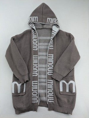 Minouu brown long cardigan with hood, featuring logo design and front pockets.