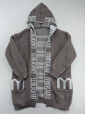 Minouu brown long cardigan with hood, featuring logo design and front pockets.