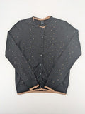 Piazza Italia beige cardigan with brown polka dots and contrasting cuffs, soft viscose blend.