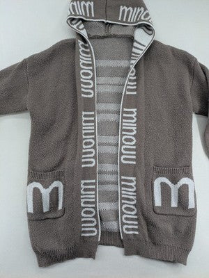 Minouu brown long cardigan with hood, featuring logo design and front pockets.