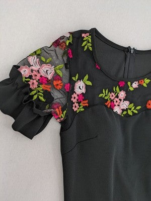 Elegante multi cocktail dress black floral embroidery illusion neckline ruffled mesh sleeves