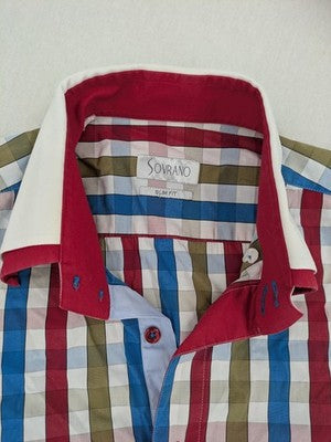 Sovrano short sleeve shirt multi check pattern with contrasting red and white double collar