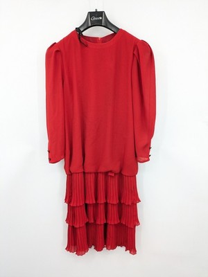 Yessica red vintage dress 80s style with long puff sleeves and pleated skirt.