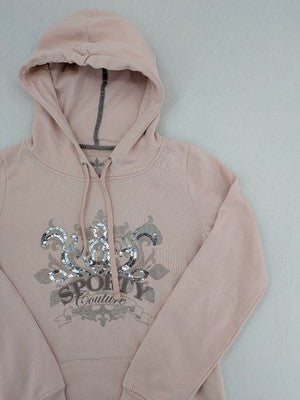 Amisu pink hoodie with sporty couture graphic and silver sequin embellishments.