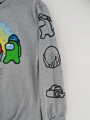Among Us grey sweatshirt featuring colorful graphic of crew members and sleeve designs.