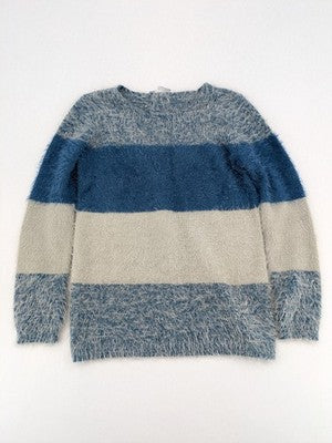 Bodyflirt knit jumper beige blue grey colorblock stripes soft material classic round neck