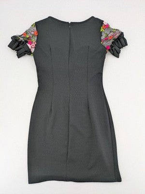 Elegante multi cocktail dress black floral embroidery illusion neckline ruffled mesh sleeves