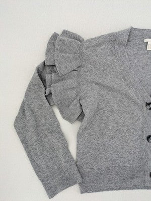 H&M grey cardigan with V-neck, button front, and layered ruffle sleeves.