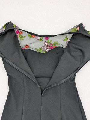 Elegante multi cocktail dress black floral embroidery illusion neckline ruffled mesh sleeves