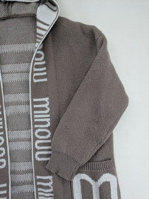 Minouu brown long cardigan with hood, featuring logo design and front pockets.