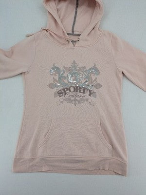 Amisu pink hoodie with sporty couture graphic and silver sequin embellishments.