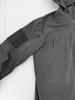 Condor grey softshell jacket with multiple pockets and adjustable hood, tactical outdoor design.