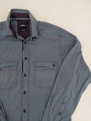 Engbers long-sleeve shirt grey checkered pattern with red accents and logo embroidery.