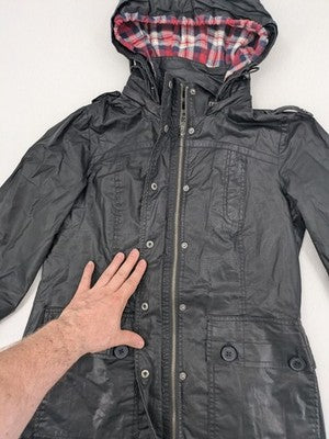 Mavi parka coat black waxed cotton check flannel lining four front pockets