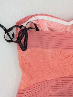 Laona pink bodycon cocktail dress with strapless design and floral lace details.