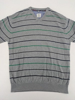 C. Comberti grey knit jumper with green and navy horizontal stripes, V-neck design.