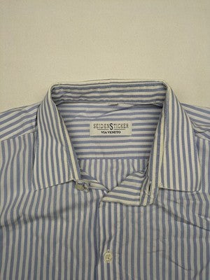 Seidensticker blue and white striped button-up shirt with a chest pocket and logo.