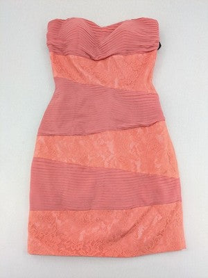 Laona pink bodycon cocktail dress with strapless design and floral lace details.