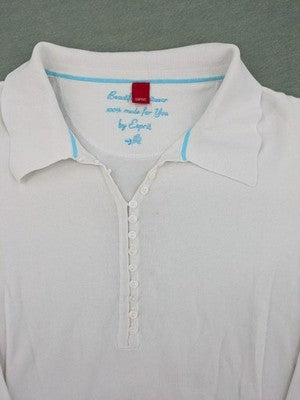 Esprit blue long sleeve polo shirt with Henley button placket and side slits.