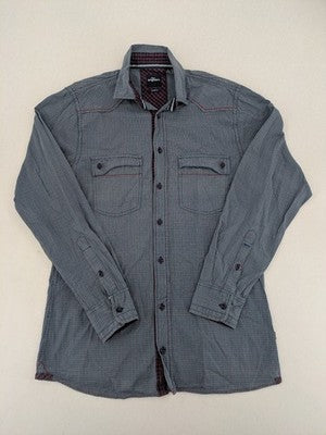 Engbers long-sleeve shirt grey checkered pattern with red accents and logo embroidery.