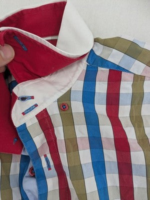 Sovrano short sleeve shirt multi check pattern with contrasting red and white double collar