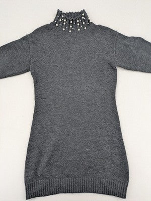 SHEIN grey knit jumper dress with pearl embellishments and ruffled stand collar.