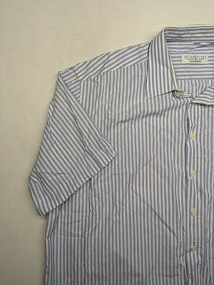Seidensticker blue and white striped button-up shirt with a chest pocket and logo.