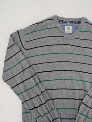 C. Comberti grey knit jumper with green and navy horizontal stripes, V-neck design.