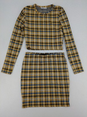 FB Sister co-ords multi-coloured checkered pattern crop top and mini skirt set.