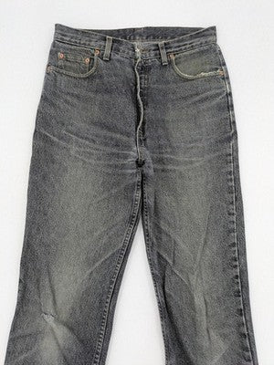 Levi's straight jeans faded black grey denim with iconic orange tab and five-pocket design.