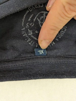 Nautica navy sweatshirt with embroidered logo on chest and patch on sleeve.