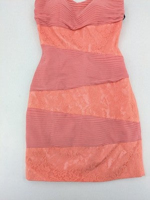 Laona pink bodycon cocktail dress with strapless design and floral lace details.