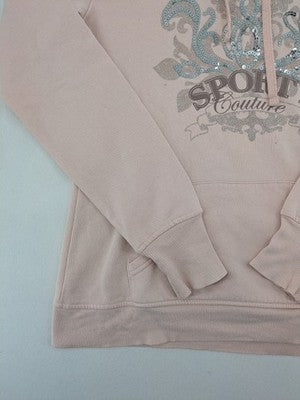 Amisu pink hoodie with sporty couture graphic and silver sequin embellishments.