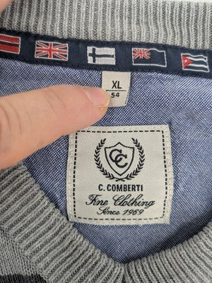 C. Comberti grey knit jumper with green and navy horizontal stripes, V-neck design.