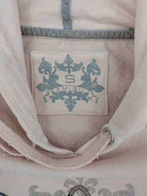 Amisu pink hoodie with sporty couture graphic and silver sequin embellishments.
