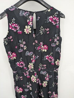 up2 fashion multi floral jumpsuit black sleeveless design with waist drawstring and keyhole back