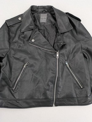 Primark black biker jacket faux leather asymmetrical zipper and shoulder epaulettes.