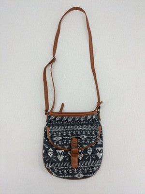 KiK messenger bag brown and navy with geometric Boho-Ethno pattern on canvas.