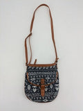 KiK messenger bag brown and navy with geometric Boho-Ethno pattern on canvas.