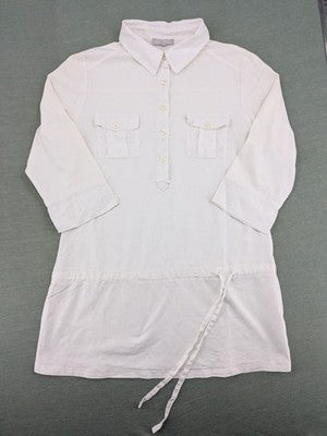 Marco Pecci white A-line dress with collar, adjustable drawstring waist, and utility pockets.