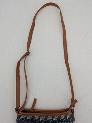 KiK messenger bag brown and navy with geometric Boho-Ethno pattern on canvas.