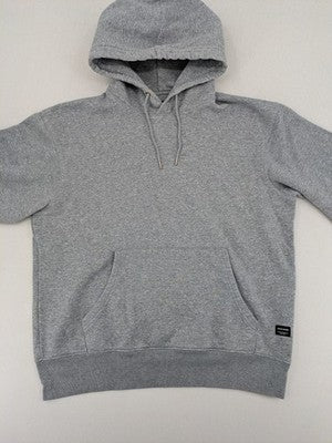 Jack & Jones grey hoodie with drawstring hood, kangaroo pocket, and ribbed cuffs.